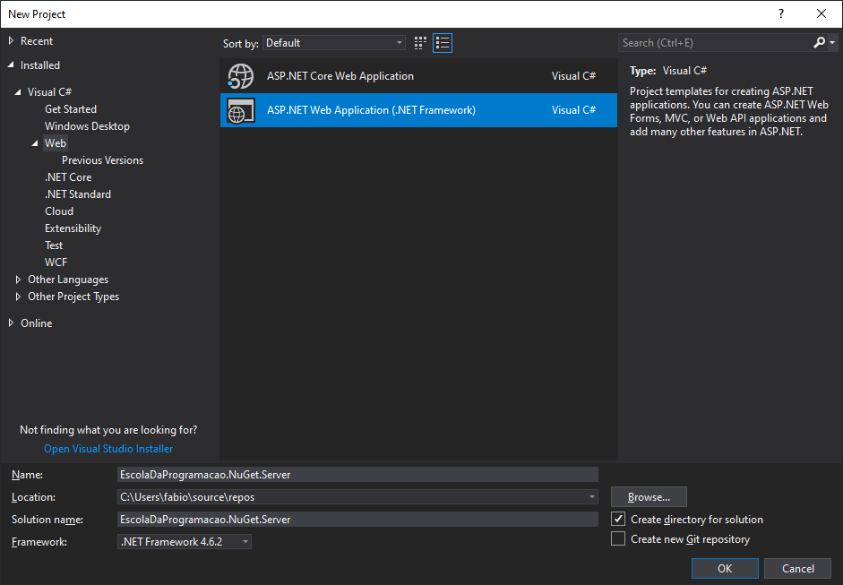 Criando novo projeto web do NuGet Server no Visual Studio