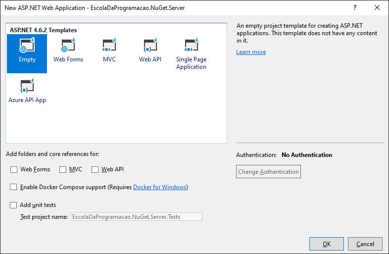 Configuração inicial do novo projeto web do NuGet Server no Visual Studio