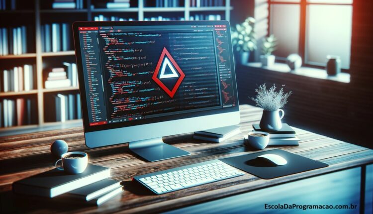 Esta imagem mostra um espaço de trabalho moderno e limpo dedicado ao desenvolvimento Angular. O foco é um monitor exibindo código e o logotipo do Angular, cercado por um teclado, uma xícara de café e livros de programação. Ideal para a introdução do artigo.