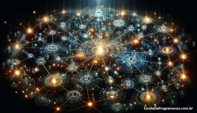 Ilustração digital abstrata representando o conceito dos protocolos TCP/IP, com um conjunto de nós interconectados simbolizando a rede global de computadores e dispositivos comunicando-se através do TCP/IP.