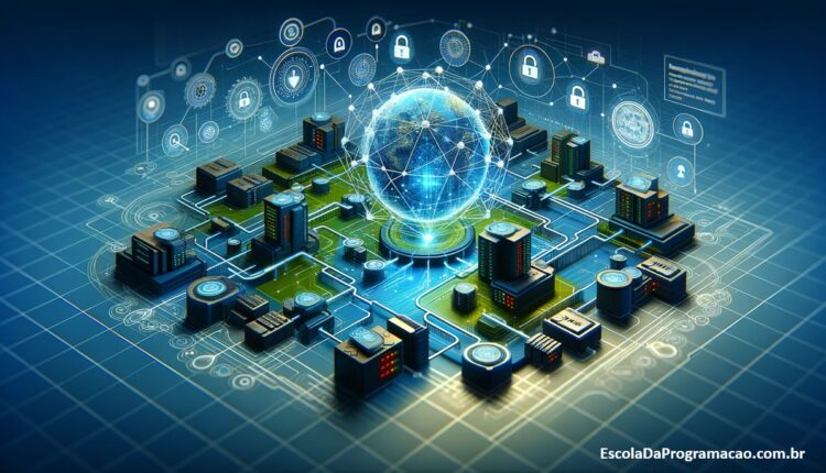 Ilustração de segurança em redes com diagrama complexo e elementos de proteção de dados