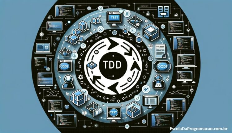Uma ilustração conceitual representando Test-Driven Development (TDD), mostrando um ciclo iterativo de testes e desenvolvimento, com ícones de código e testes.
