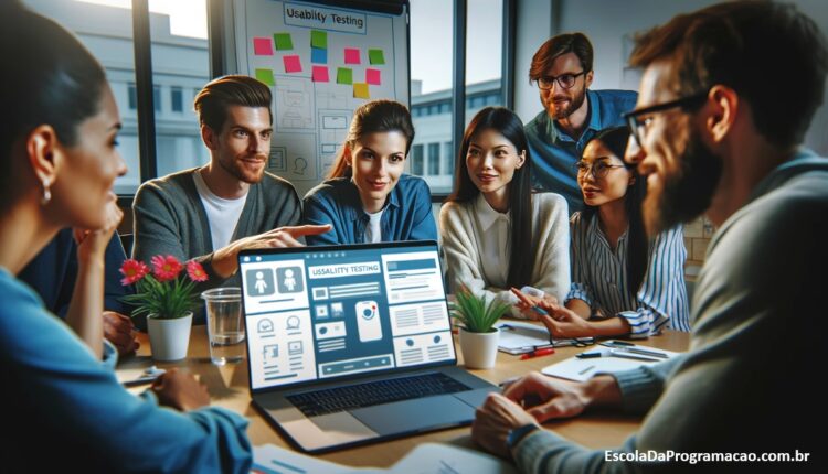 Imagem mostrando uma equipe diversificada, incluindo uma mulher caucasiana, um homem hispânico e uma mulher asiática, engajados em uma sessão de teste de usabilidade. Eles estão ao redor de uma mesa com um laptop exibindo um design de interface de usuário, indicando uma discussão colaborativa.