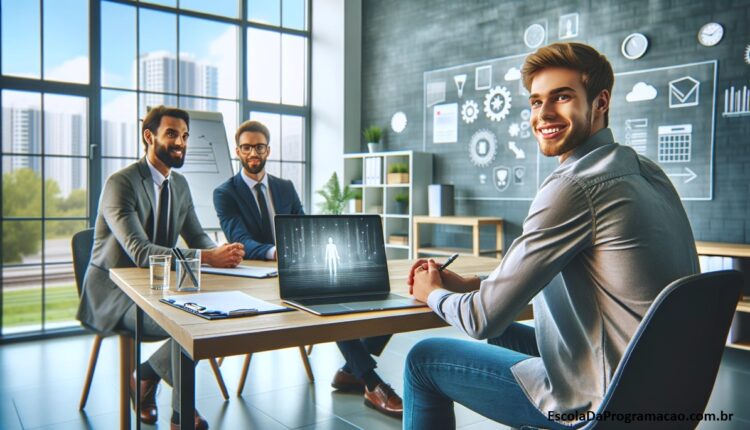 Uma entrevista de trabalho descontraída na indústria de tecnologia, mostrando um ambiente moderno e acolhedor.