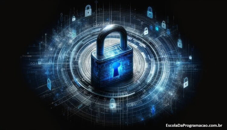 Representação abstrata digital da criptografia de dados em .NET, apresentando código binário e cadeados digitais, em tons de azul, preto e prata.