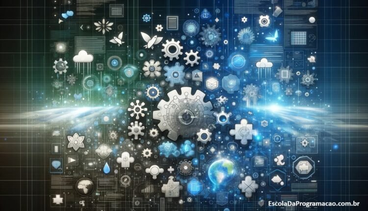 Uma representação visual abstrata de Design Patterns, com ícones simbólicos como peças de quebra-cabeça e engrenagens, refletindo a complexidade e a interconexão no desenvolvimento de software.
