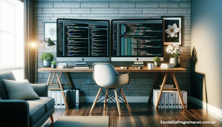 Um ambiente de trabalho moderno e limpo, mostrando monitores com interface do Jenkins, representando um espaço profissional de DevOps.