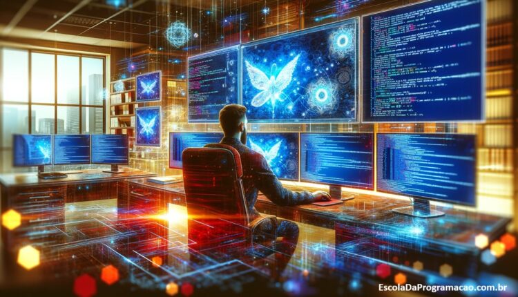 Um especialista em TI concentrado em scripts avançados do PowerShell em um ambiente de escritório moderno.