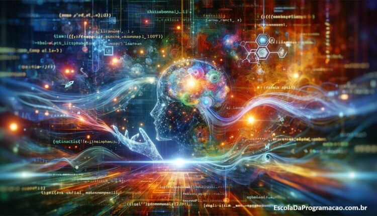 Uma representação vibrante e envolvente do mundo do machine learning e desenvolvimento, combinando símbolos de tecnologia como código, redes neurais e fluxos de dados.