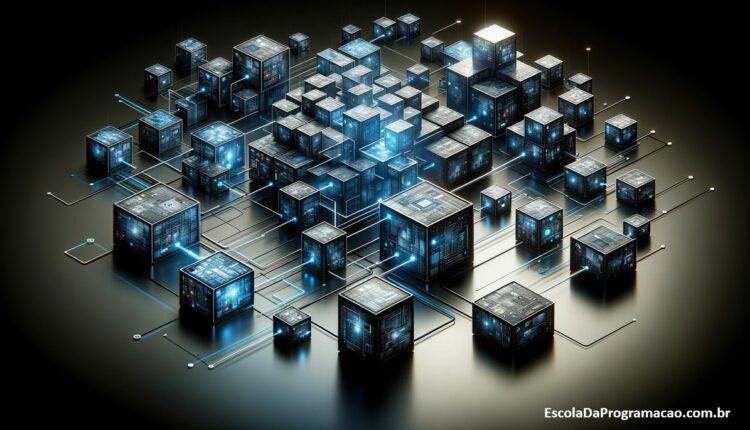 Uma representação abstrata e moderna de uma arquitetura de microserviços usando .NET, destacando blocos interconectados, cada um representando um microserviço diferente.