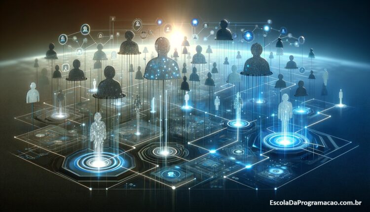 Imagem digital moderna representando o conceito de Controle de Acesso Baseado em Funções (RBAC), mostrando um cenário digital com representações abstratas de funções e permissões.