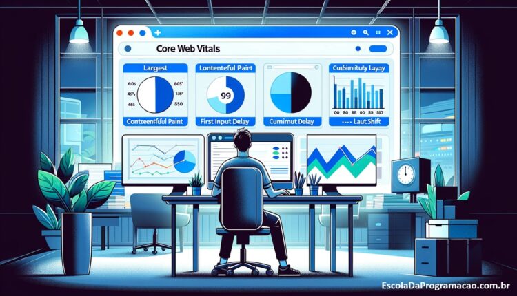 Mostra um desenvolvedor analisando as métricas dos Core Web Vitals em múltiplas telas. Ideal para a seção que detalha como medir e analisar essas métricas.