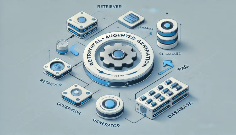 Uma ilustração profissional e moderna apresentando a arquitetura RAG (Retrieval-Augmented Generation), com componentes como Retriever, Generator e Database conectados por setas que demonstram o fluxo de informações. Ideal para posts de blog sobre Inteligência Artificial.
